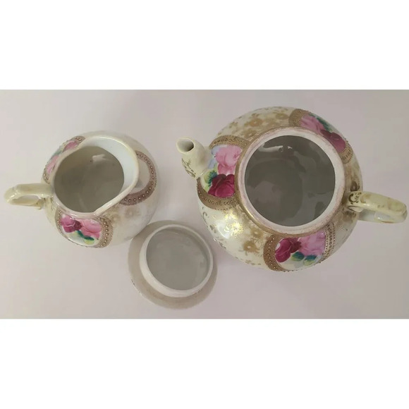 Vintage‎ Hand Painted Pink Gold Floral Footed Teapot & Creamer - Picture 4 of 14